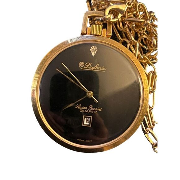 Vtg Dufonte Lucien Piccard Quartz Women’s Watch Necklace Gold Tone Black Face - Picture 5 of 14